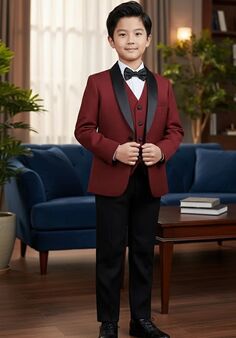 BLACKTIE "London" Kids Wine Tuxedo (5-Piece Set) Flower Girl Dress and Ring Bearer Outfit