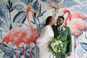 Bride and Groom in Front of Mural Wall on Elopement Day
