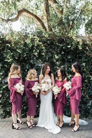 Bridesmaids in Pink Lace Dresses