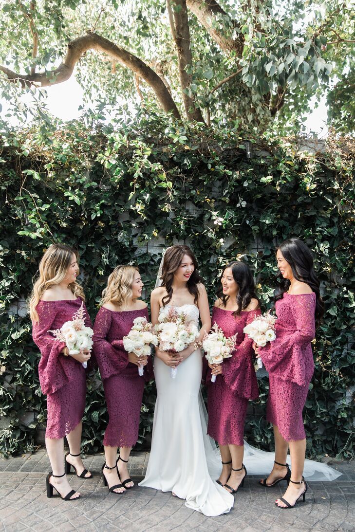 Bridesmaids in Pink Lace Dresses