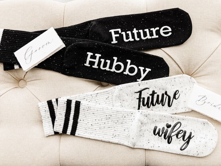 Matching His and Hers socks that read 