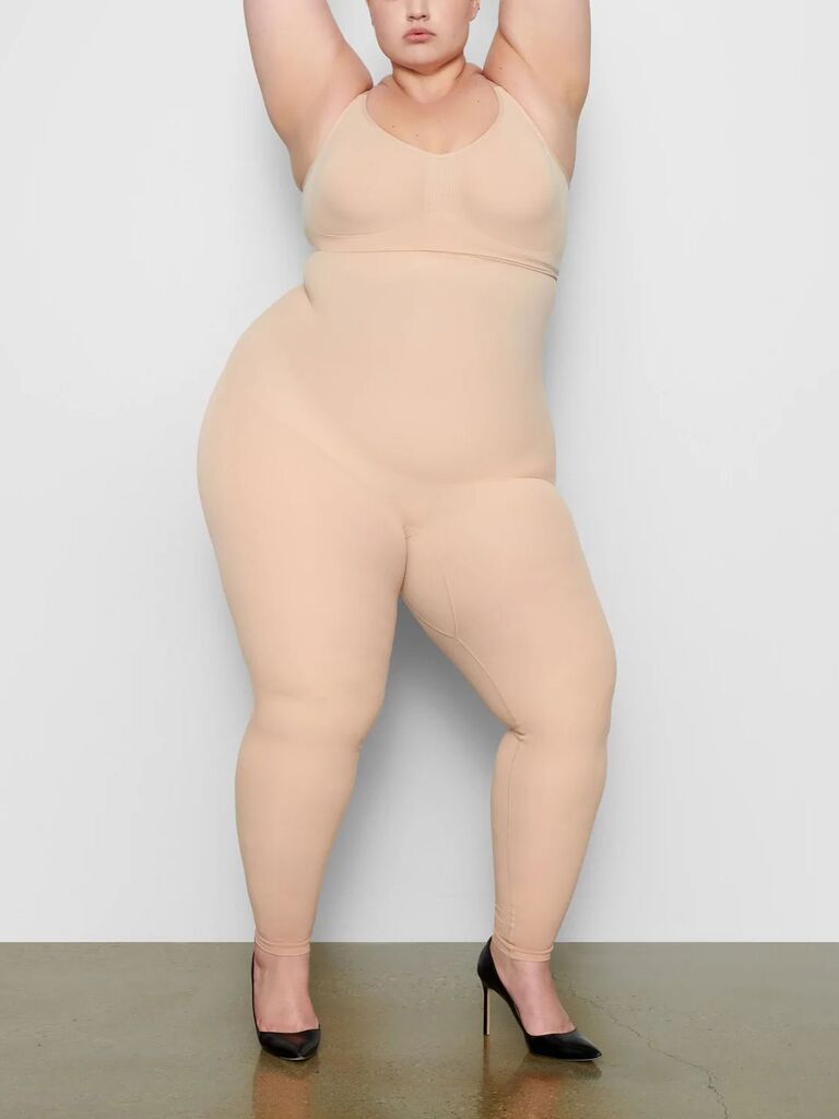 Model wearing skin tone color wedding shapewear leggings