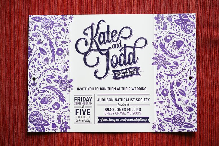 All the paper goods at the wedding were designed and created by the groom himself. The invitations matched the wedding's color scheme in eggplant and white.