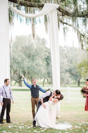 Ivory Fabric Wedding Arch Over Oak Tree