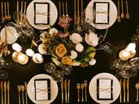 Aerial view of wedding tablescape at a reception.