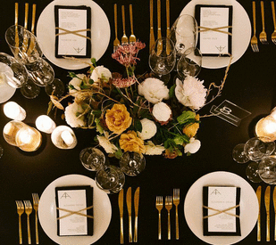 Aerial view of wedding tablescape at a reception.