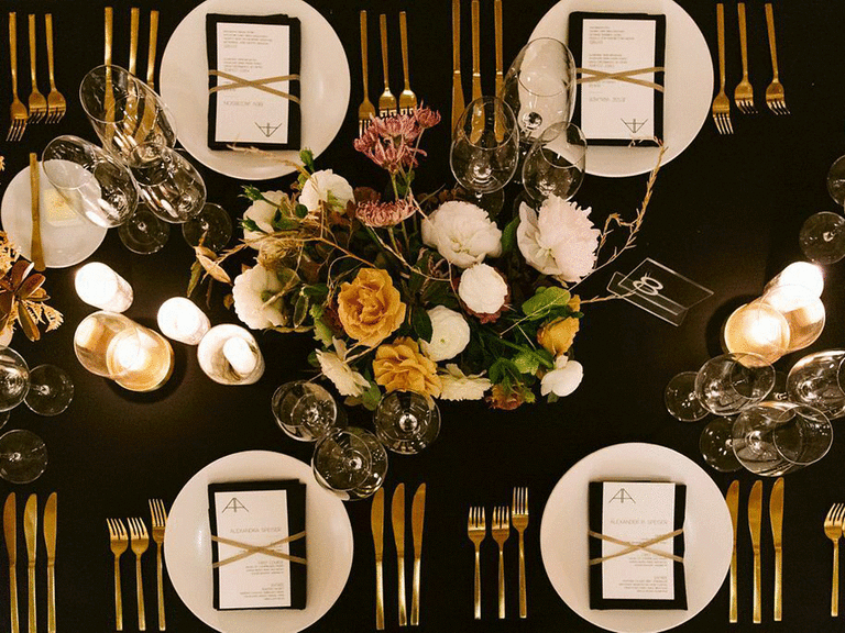 Aerial view of wedding tablescape at a reception.