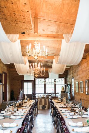 Rustic Reception Barn With Draping, Chandeliers