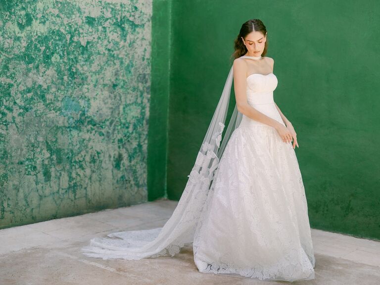 Strapless wedding dress with cape, bridal fashion trends 2024. 