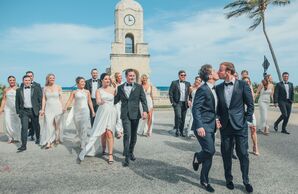 Grooms in Midnight Blue Tuxedos With Mixed-Gender Bridal Party Walking Palm Beach Streets