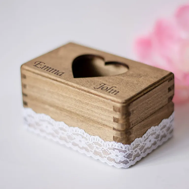 Custom wood ring bearer box with heart and lace detail