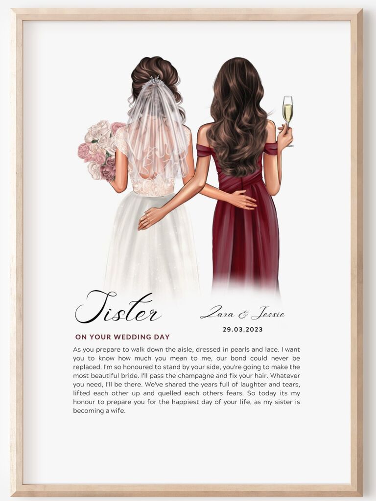 Custom drawing of the bride and her sister with a sweet message typed underneath. 