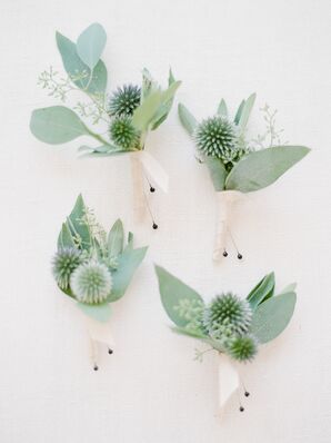 Natural Thistle and Eucalyptus Boutonnieres Wrapped with Ivory Ribbon