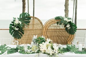Tropical Wicker Sweetheart Chairs with Monstera Leaves