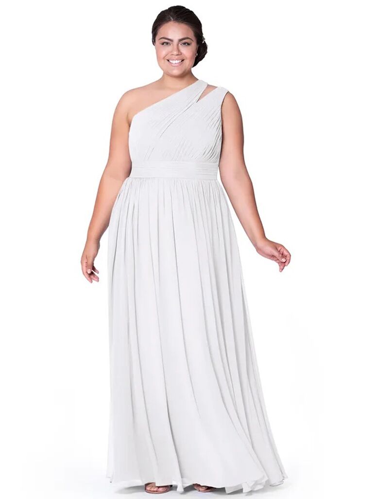 azazie one shoulder white bridesmaid dress with pleating and sleeve cutout