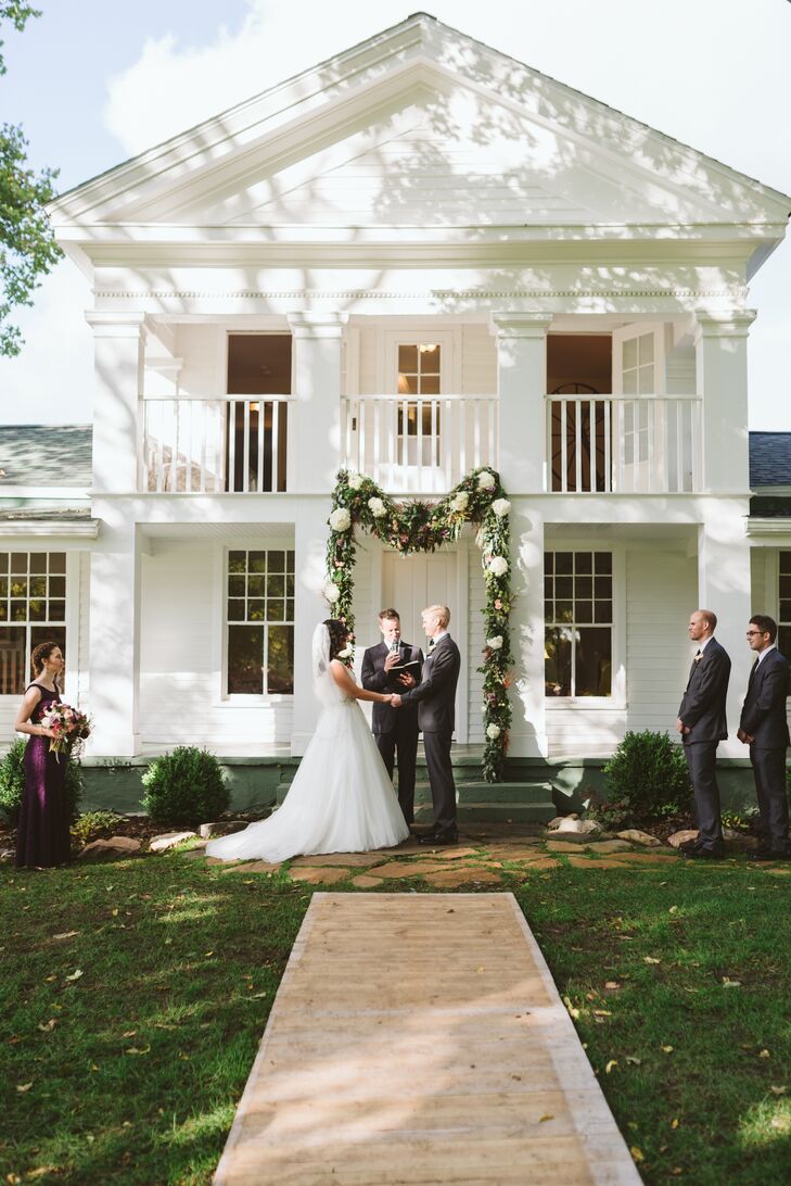Historic Farm Backyard Ceremony with Lush Green Garland