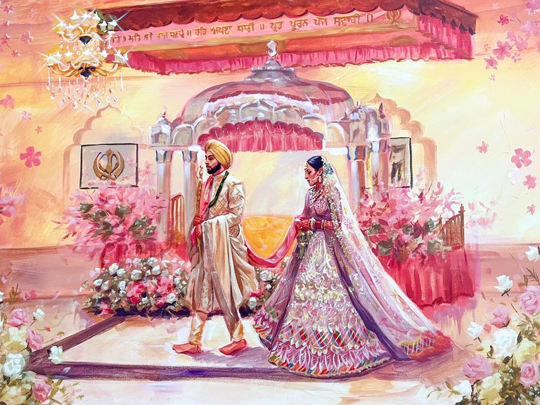 Beautiful photo of a live painting depicting a couple at their wedding reception surrounded by lush flowers. 