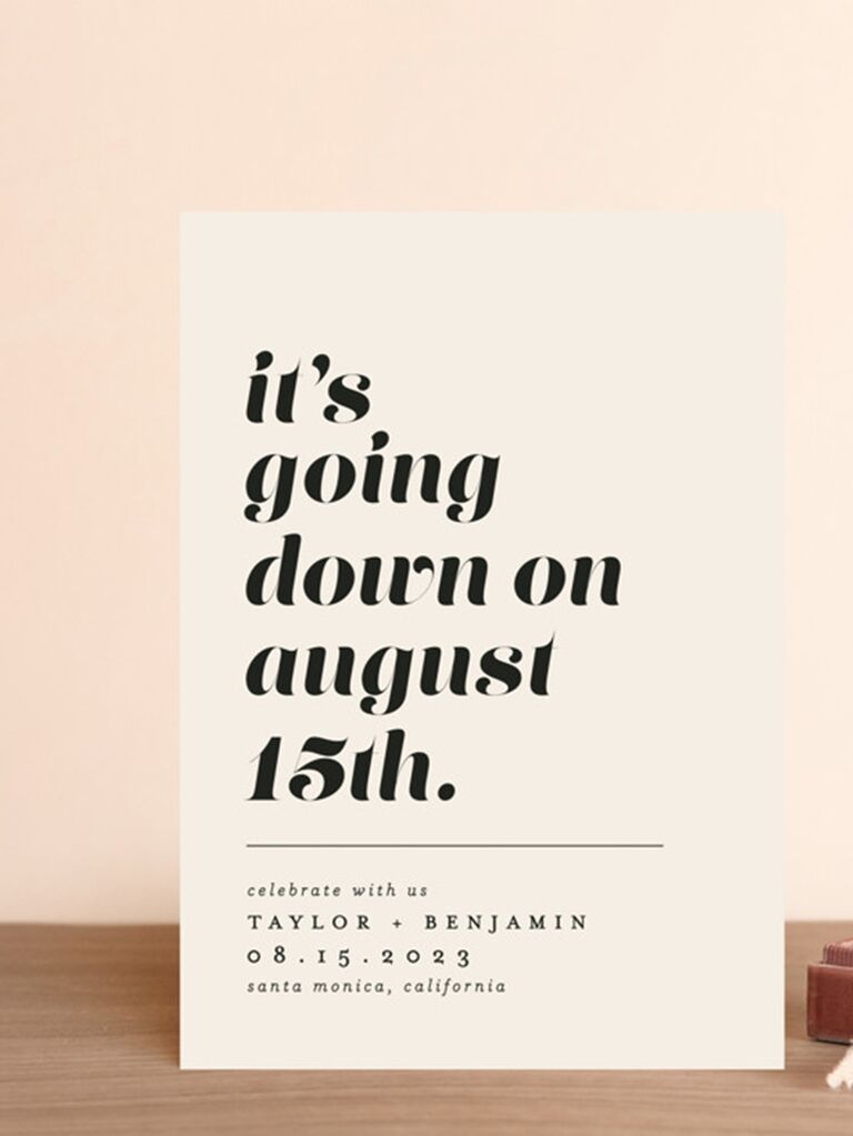 'it's going down...' in bold modern type with horizontal line and event details in minimal type on blush background