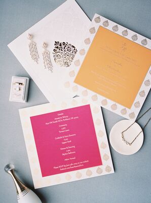 Colorful Indian-American Invitation Suite With Gold Embossment, Wedding Jewlery