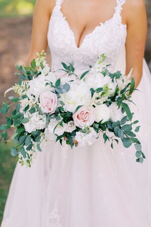 Cascading Wedding Bouquet With Roses and Eucalyptus