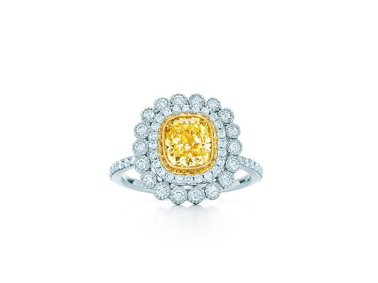 tiffany and co.cushion cut yellow diamond engagement ring round diamond double halo small and large diamond encrusted white gold band