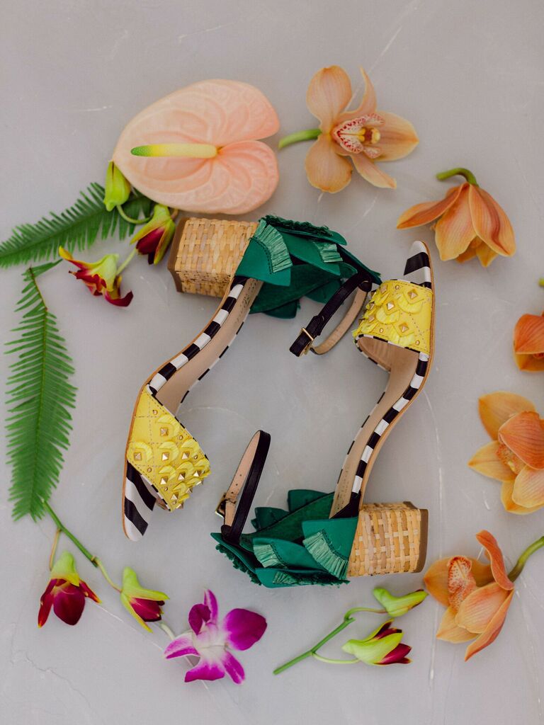 Yellow, tan and green summery block heels