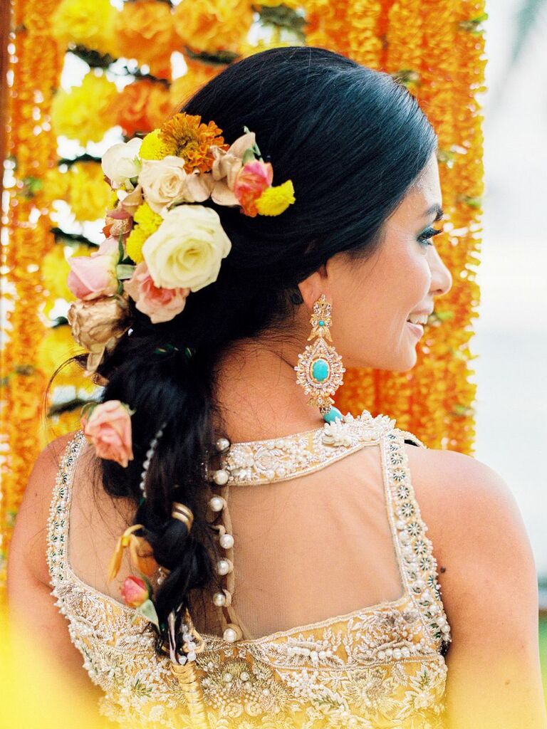 wedding hair flowers braid with flowers and beads