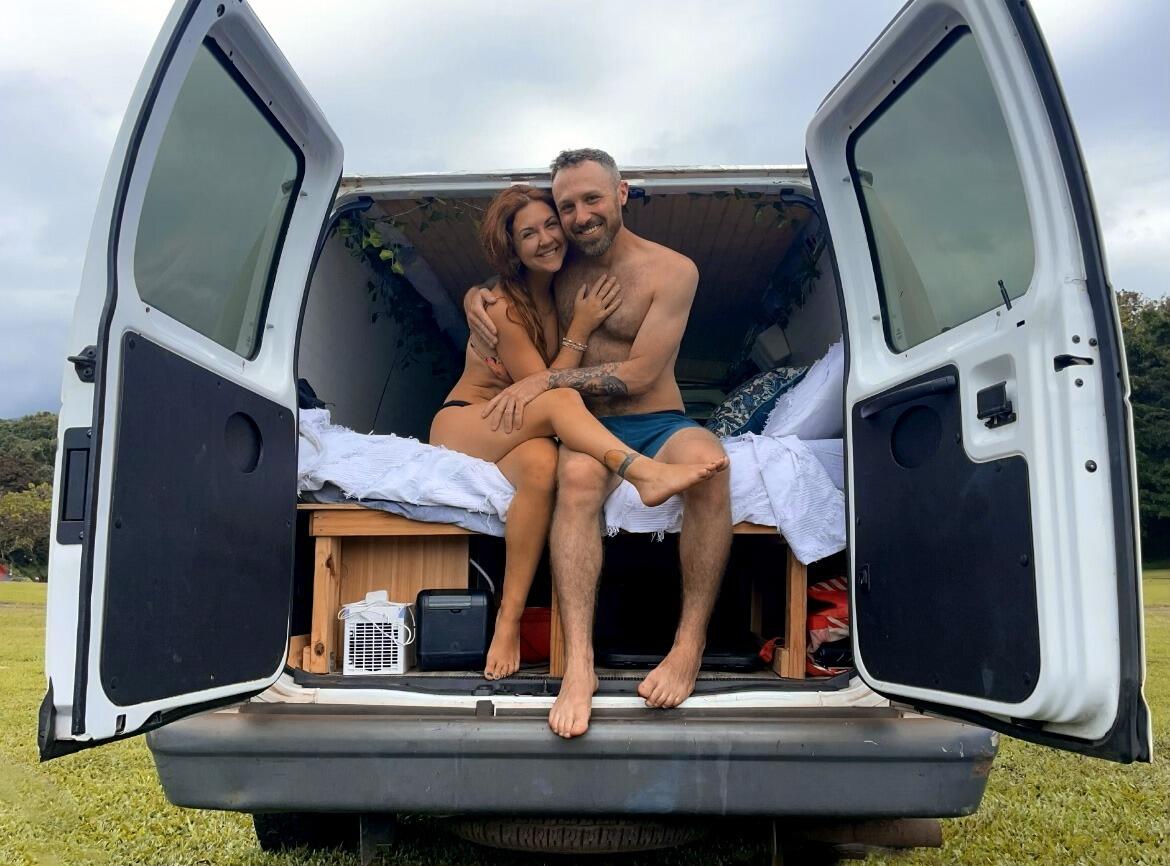 Our home on the road while exploring Maui and the Road to Hana. This shot was taken briefly before we realized the ground was soaking wet and we would need help from locals to push ourselves out of the mud.