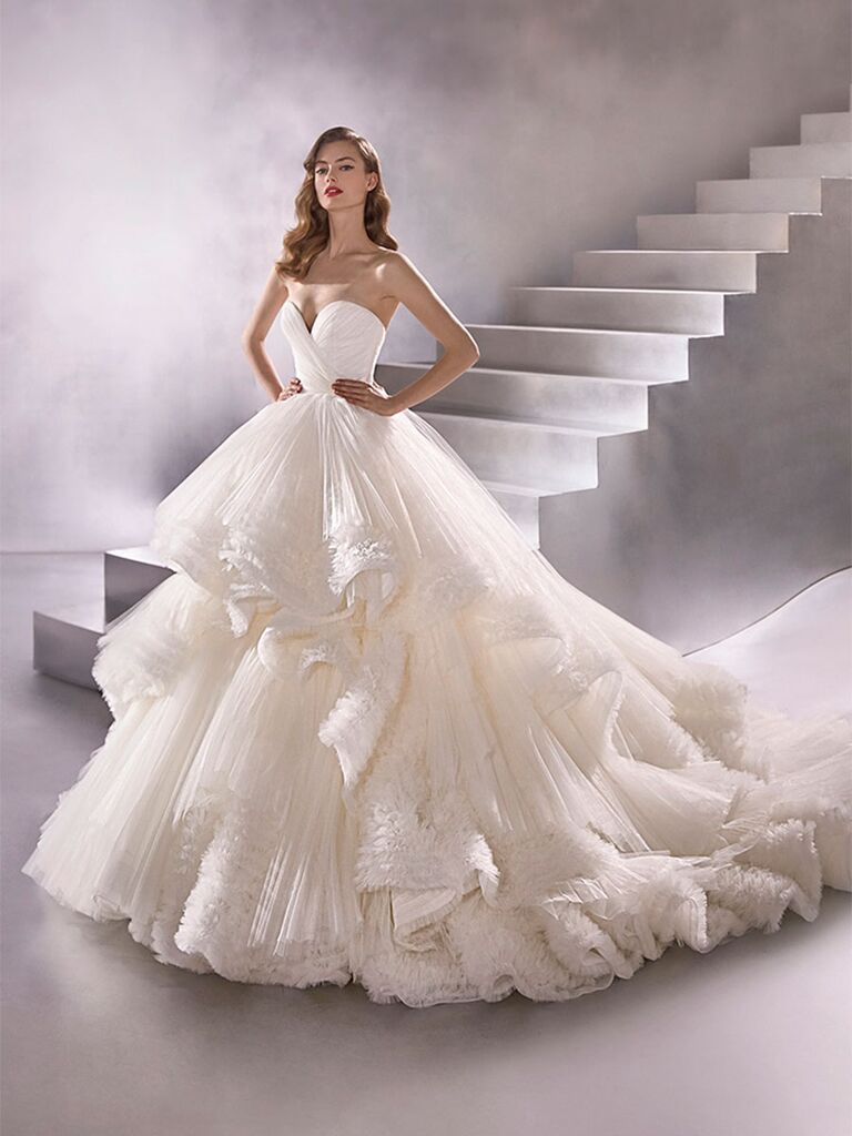 Atelier Provonias wedding dress tulle ball gown with tiered skirt