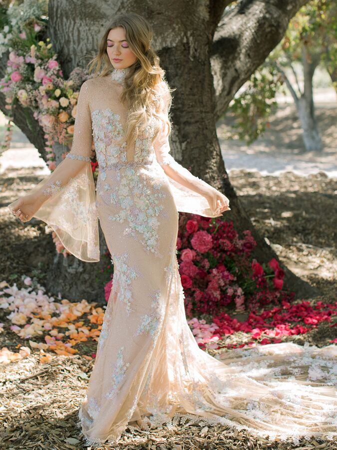 Claire Pettibone long sleeve tulle sheath wedding dress
