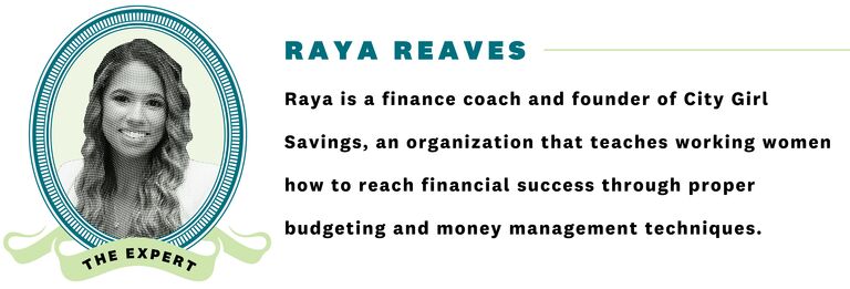 Headshot of finance coach Raya Reaves and background information