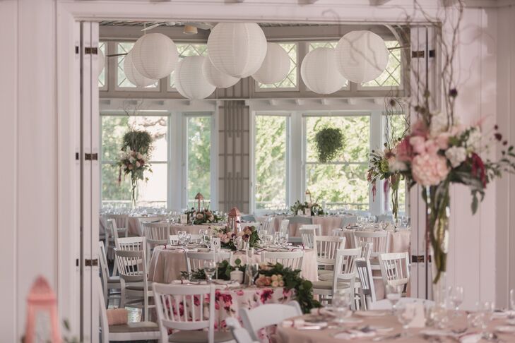 Indoor Reception Decor with White Lanterns and Pink Linens