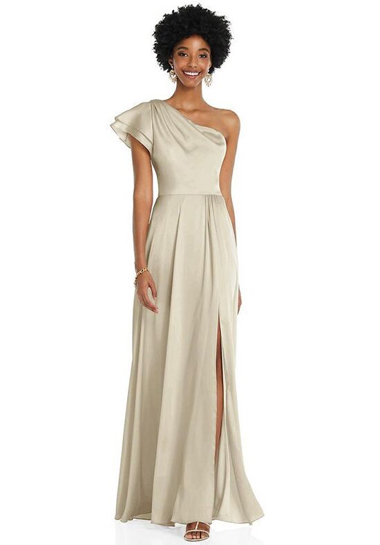 Dessy Group Draped One-Shoulder Flutter Sleeve Maxi Dress with Front Slit - 3099 One Shoulder Bridesmaid Dress - 1