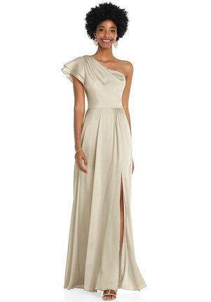 One-shoulder Puff Sleeve Midi Bias Bridesmaid Dress With Side Slit