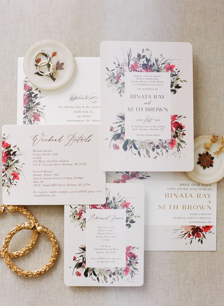 Fall-Inspired Floral Wedding Invitation Suite Featuring Red
