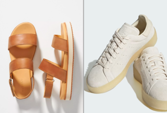 Two pairs of walking shoes: Nisolo sandals and Adidas Stan Smith sneakers
