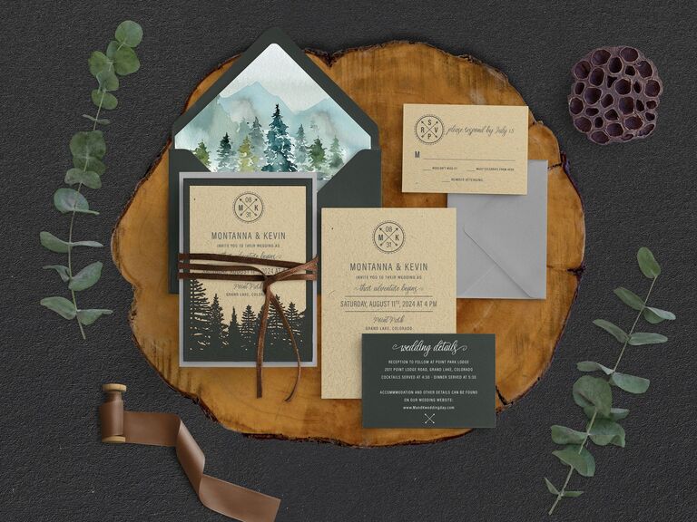 Etsy forest mountain wedding invitation suite with dreamy landscape