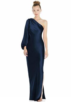 Dessy Group One-Shoulder Puff Sleeve Maxi Bias Dress with Side Slit - 8216 One Shoulder Bridesmaid Dress