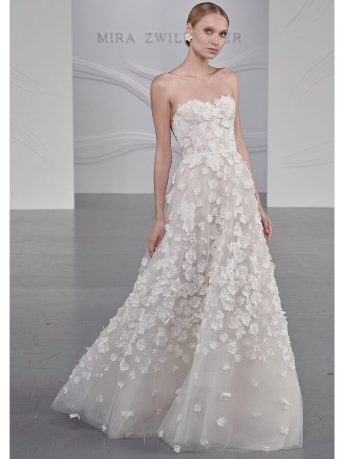 Mira Zwillinger strapless ball gown with 3D flowers