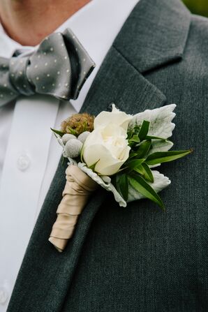 Polka Dot Gray Bow Tie and White Rose Boutonniere
