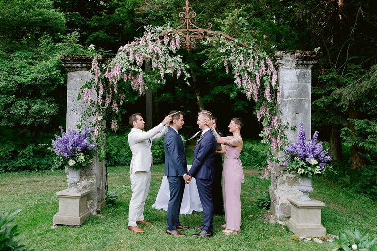 Greek Stefana ritual at outdoor wedding ceremony