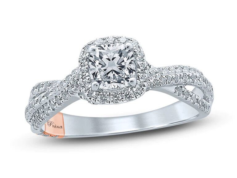 jared diamond cushion cut engagement ring with round diamond halo and round diamond twisted shank