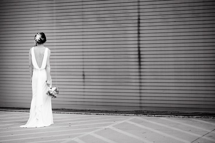 Connie picked a draped back beaded piece as her wedding dress from the Badgley Mischka evening gown collection.