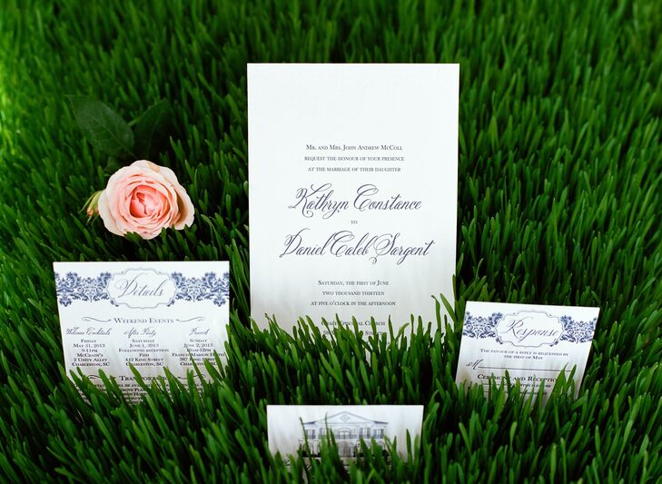 The couple chose elegant letterpress invitations with navy ink and damask details.