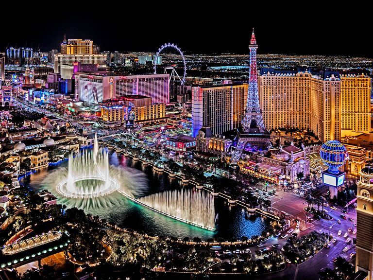 View of the Las Vegas Boulevard at night with lots of hotels and casinos in Las  Vegas. Stock Photo