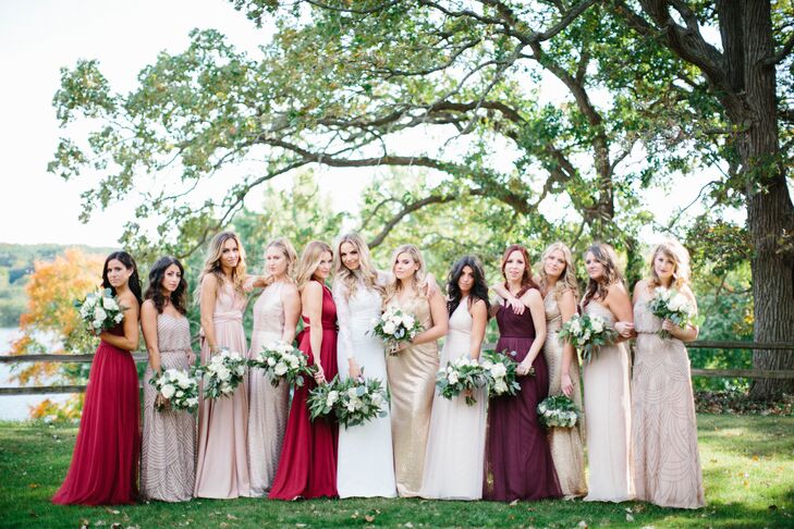 Formal Gold, Blush and Burgundy Bridesmaid Dresses