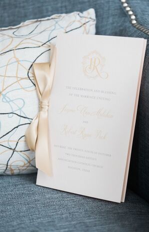 Traditional Wedding Invitation with Gold Monogram and Ribbon
