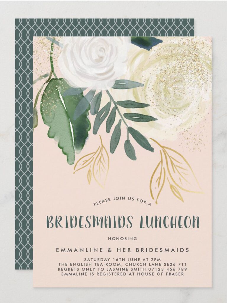 Watercolor white roses with gold flecks and foil type on blush background