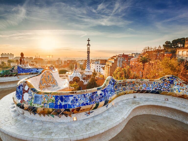 Beautiful view from a Barcelona park at sunrise. 