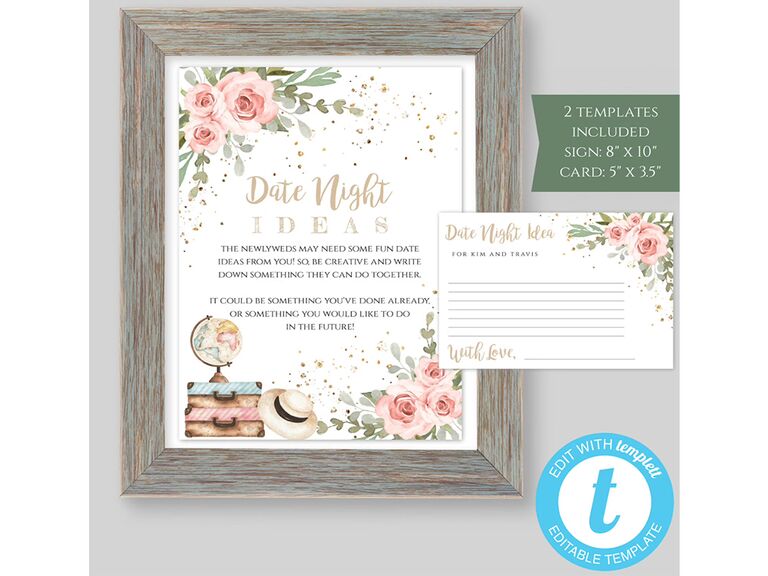 'Date night ideas' in gold script on print and cards with pink floral graphics, globe and suitcases